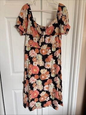 Roxy Black Midi Dress with Coral & Cream Floral Print